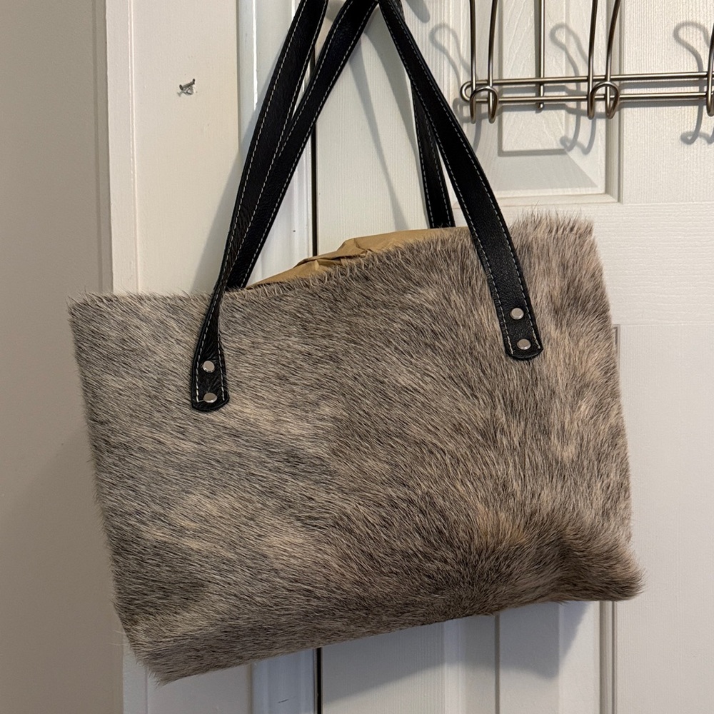 Cow Fur Tote Bag with Black Straps